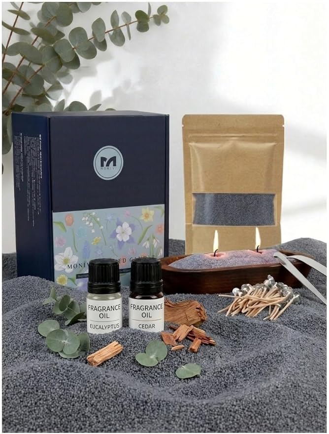 Monivi Candle Sand with Wicks 4.4lb Sand Wax Gray Pearled Candle Wax Beads with Wood Decorative Bowl, 2 Fragrance Oils Eucalyptus Cedar Total up to 450Burn hours DIY Candle Making Kit Mothers Day Gift