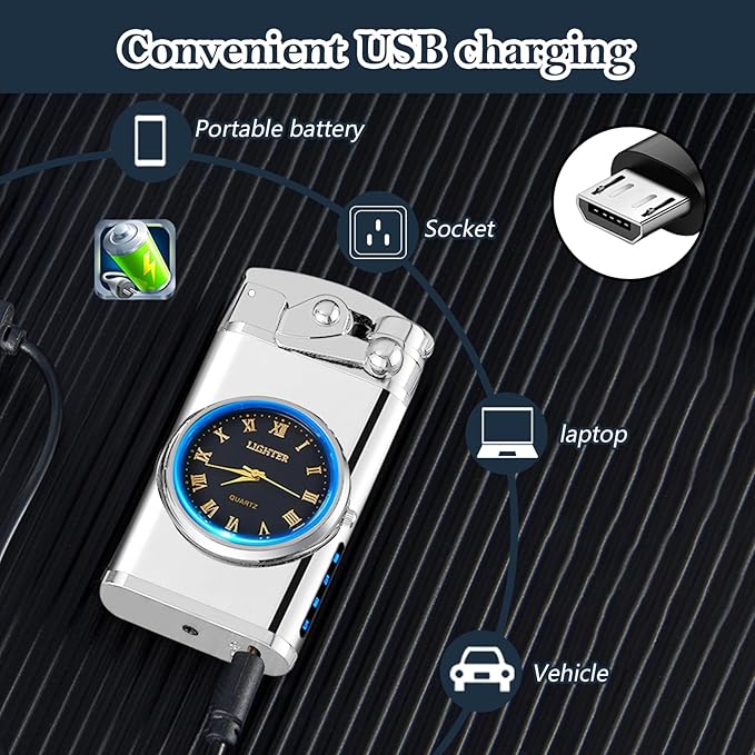 Electric Lighter USB Rechargeable Lighters, Windproof Dual Arc Plasma Lighter, Flameless Electronic Cool Lighters with LED Battery Indication for Men (Silver Clock)