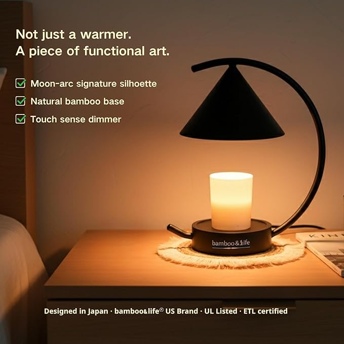 bamboo&life®Moonlit TouchOn Candle Warmer,Eco-Luxury 5-Pc Gift Set incl. Fringe Mat&Wax Dish,Authentic Japan Design,Touch Dimmer,Real Bamboo Base,UL&ETL Certified,US Brand,Birthday&Housewarming Gift