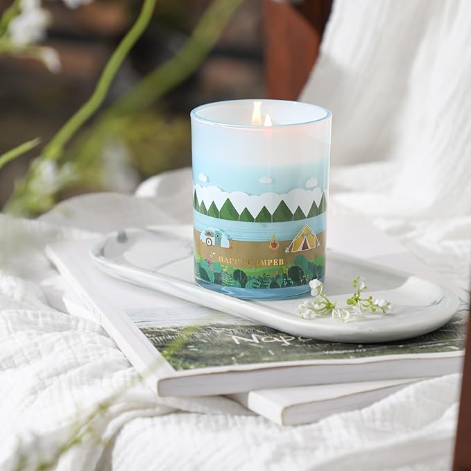 Happy Camping Candle,Fresh Forest Scented Candles,Candles for Home Decor,Summer Vacations Gifts for Friends,Adventure Lover,Travel,Climber,Hiker,Soy Wax Candle,10oz