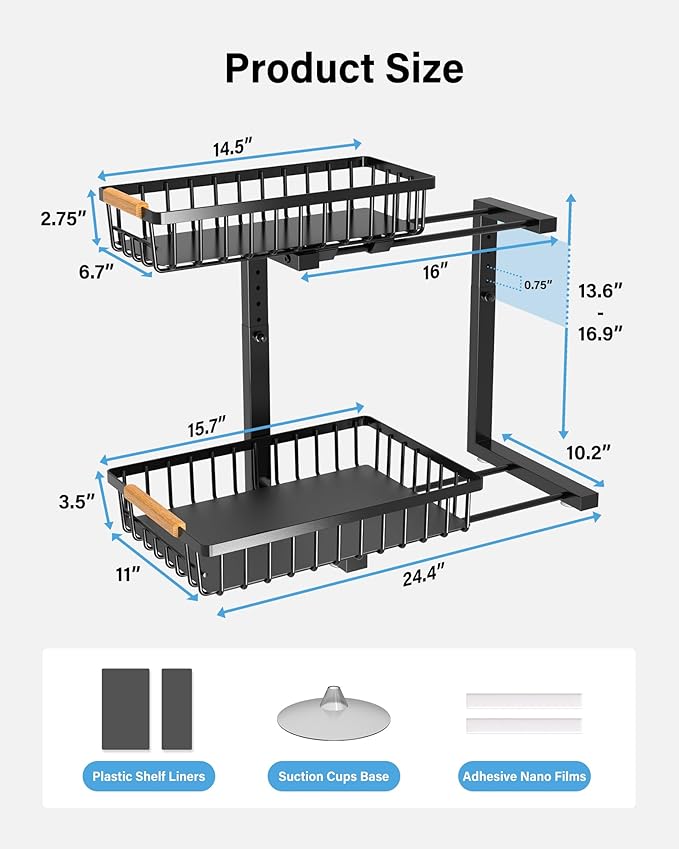 Under Sink Organizer Storage for Families: Pull Out Storage Undersink Organizers Drawer Cabinet - Sliding 2 Tier Rack Metal Organization Under Counter Kitchen Bathroom for Homemakers(Black,1 Pack)