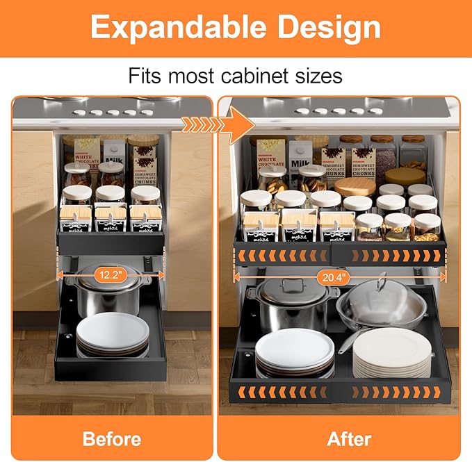 2 Pack Pull out Cabinet Organizer Expandable Width(12"-20") and 21"Depth, No Drill Adjustable Slide Out Drawers for Kitchen, Cabinets With 3 Slide Rails,Magnetic Panel, Adhesive Roll out Shelves