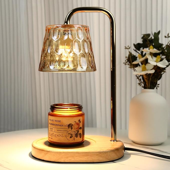 Candle Warmer Lamp Burner for Soy Jar Candles with Timer &Dimmer, Wax Candle Melts Warmer Light for Home Room Decor, Modern Candle Heater with Glass Lampshade for Scented Wax (Golden)