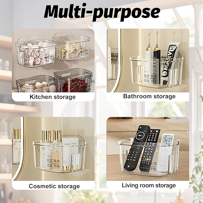 4 Pcs Acrylic Wall Mounted Storage Bins,Clear Hanging Baskets,Adhesive Cabinet Door Organizer Space-Saving,Wall-Mounted Transparent Containers for Kitchen Makeup Bathroom Pantry