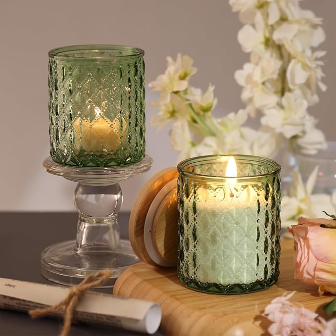NITIME 15pcs 7.5oz Green Candle jars for Making Candles, Glass Candle Vessels With Bamboo Lids and Sticky Labels, Candle Containers for Making Candles and Candle Making Supplies