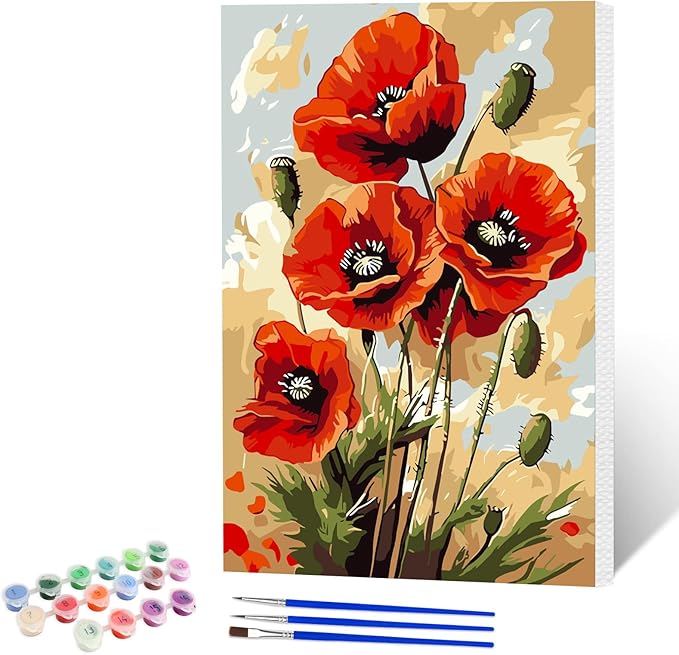 NAIMOER Poppy Flowers Paint by Numbers Kits for Adults Beginner with Wooden Framed, Color by Numbers on Canvas Painting Kits for Adults, Easy Paint DIY Acrylic for Home Wall Decor 8X12 Inch