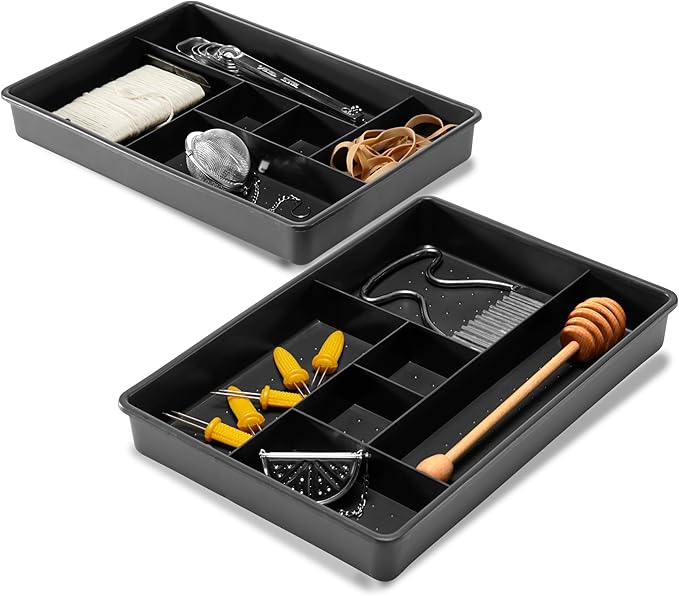 madesmart Set of 2 Plastic 6-Compartment Drawer Organizer Gadget Trays, Multipurpose Storage Bins for Drawers, Granite, 10.75 x 7.5 x 2.6 inches (Pack of 6)