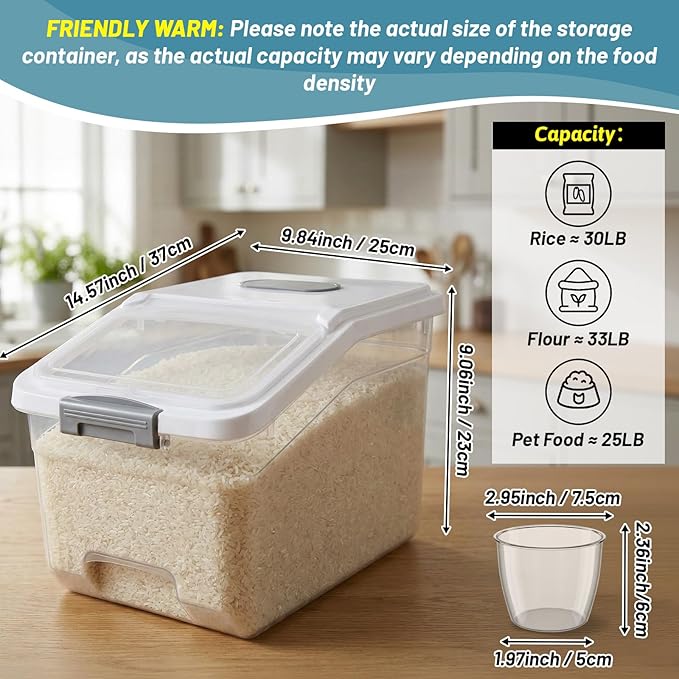 4 Pack Large Rice Storage Containers 30 Lbs Airtight Flour Container with Seal Locking Lid and Measuring Cup Kitchen Dry Food Storage Bins for Cereal Sugar Beans(Transparent and White)