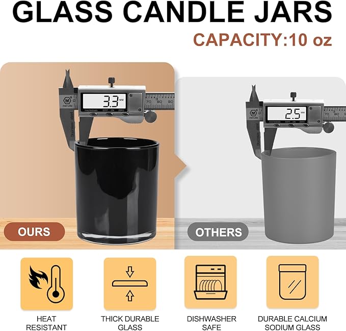 10 OZ Thick Candle Jars for Making Candles 15 Pcs, Empty Jars with Wood Lids for Candle Making, Sample Container, Inner Black