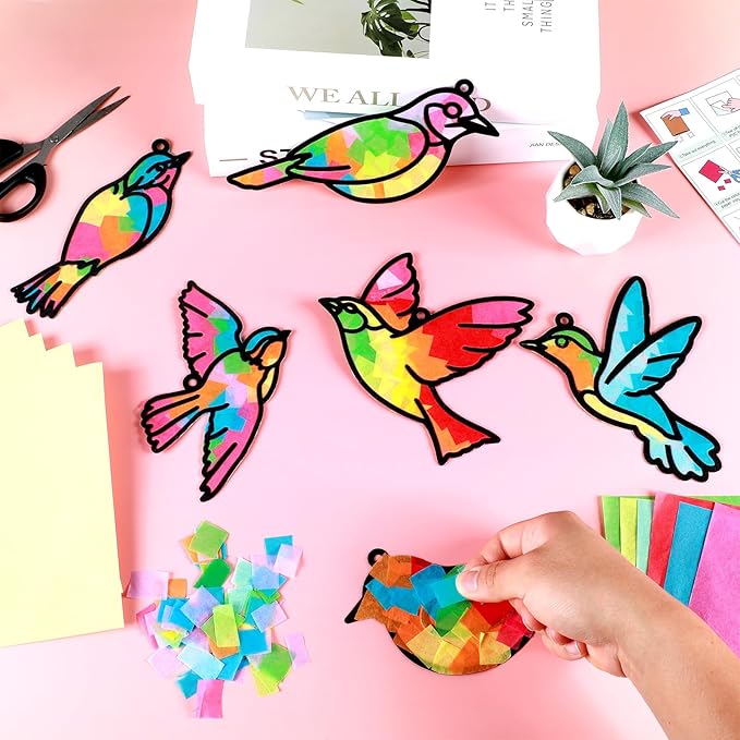 Qyeahkj 36 Set Spring Bird Suncatchers Crafts for Kids DIY Bird Window Tissue Paper Craft Kit Animal Hanging Decor for Summer School Home Activity Art Project Birthday Party Favor Gift