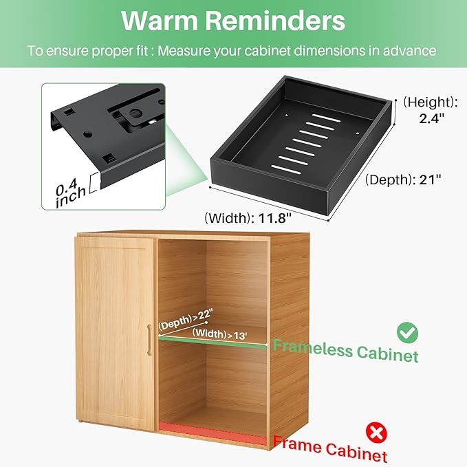 Pull out Cabinet Organizer, 21"Deep, 11.8"Wide Full-Extension Heavy Duty Slide out Drawers with Nano Adhesive, Roll Out Shelves Sliding Cabinet for Kitchen, Bathroom, Pantry,Under Sink Storage(Black)