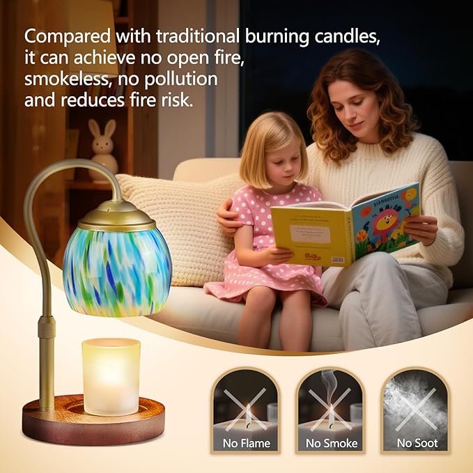 Blue Opal art glass Candle Warmer Lamp with Wood Base - Height Adjustable, 2/4/8H Timer, 4-Level Dimmer - Includes 2 GU10 Bulbs - Winter Home Decor & Gifts for Women, Fits Candles up to 5"