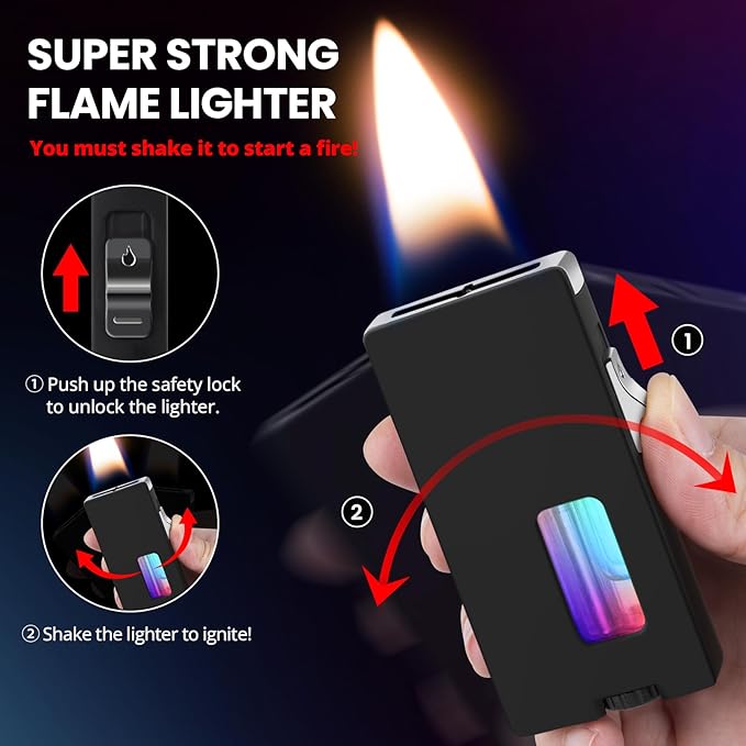 CHOICEDC Cool Lighters for Men, Butane Refillable Lighter, Vintage Lighters with Unique Shake Ignition, Visible Gas Tank, Adjustable Wide Flat Soft Flame Lighter, Novelty Gifts for Men Women, No Fuel
