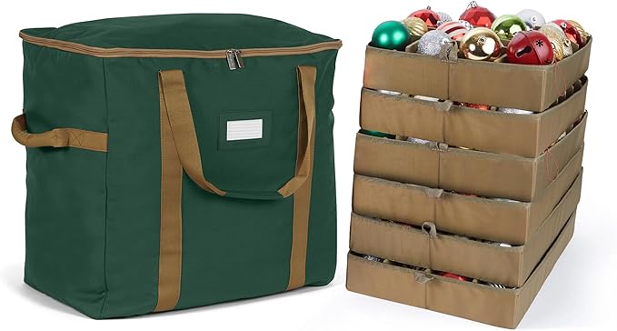 Covermates Keepsakes Adjustable Ornament Storage Bag – Heavy-Duty Polyester, Padded Dividers & FlexGrid Trays – Protective Holiday Ornament Organizer with Handles & Label Window, Green