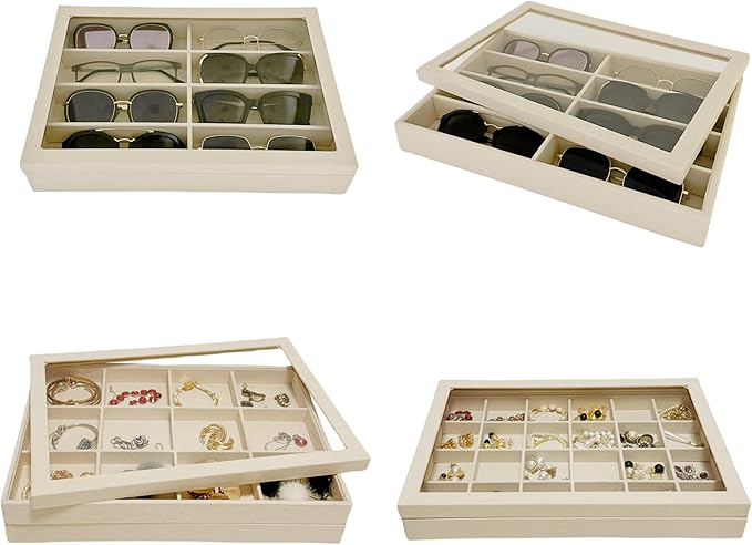 Top Lid for Large Beige Premium Quality Velvet Jewelry Display Box Tray Stackable Practical Trade Show Home Store Glass Lid