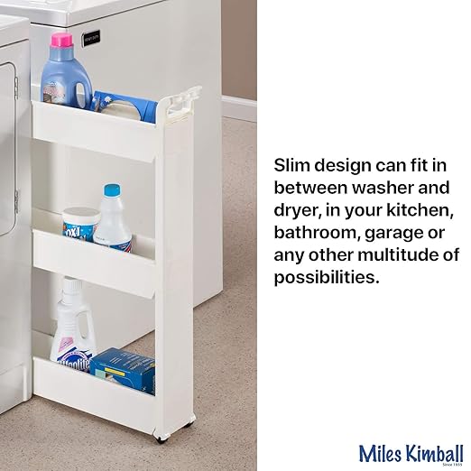 Miles Kimball Slim Storage Cart with 3 Baskets/Shelves and Rolling Casters for Kitchen, Laundry, and Small Space Storage, Durable Plastic - Measures 21" Long x 5" Wide x 28 1/4" High
