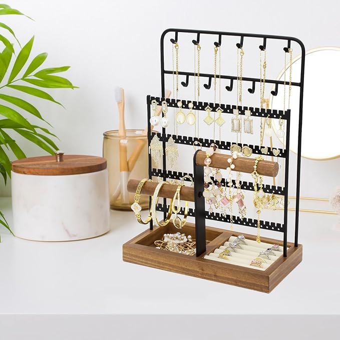 Jewelry Holder Organizer Stand 4-Tier Necklace Stand Earring Holder with Wooden Tray, Jewelry Rack for Bracelets Watches and Rings Display Stand, Gifts for Women & Girls-Black