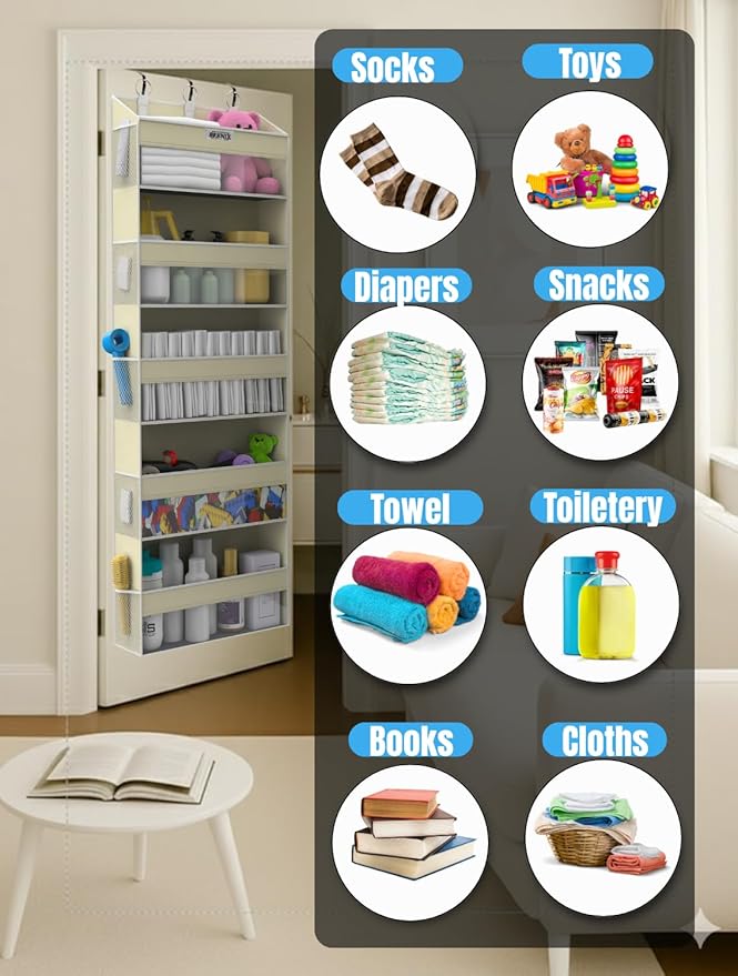 Over the Door Organizer with 5 Large Pockets & 10 Mesh Side Pockets – Durable Hanging Storage for Closet, Bathroom, Bedroom, and Nursery– Space Saving Door Storage with Sturdy Metal Hooks.