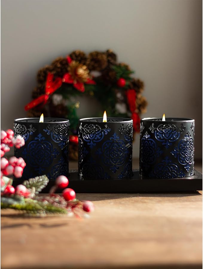 Candwax 3x3 Pillar Candles Set of 3 - Navy Blue Candles Pillar - 40-Hour Burn Time Self-Extinguishing Long Lasting Candles for Home Decor - Cone-Top Dark Blue Pillar Candles