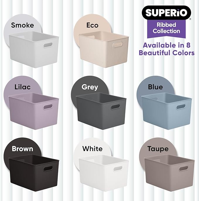 Superio Ribbed Collection - Decorative Plastic Basket Open Home Storage Bins Organizer, X-Large Grey (4 Pack) Container Boxes for Organizing Closet Storage Bins for Shelves 22 Liter/23 Quart