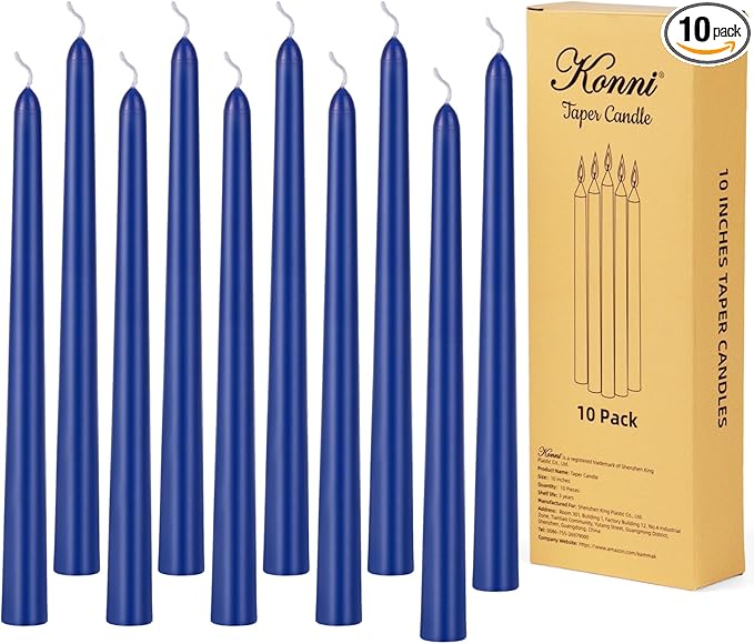 KONNI 0.87×10 Inch Blue Taper Candles, Unscented and Smokeless Tall Candlesticks, 10 Pack Tapered Candles with Cotton Wicks, Long Burning, Ideal for Weddings, Dinner Parties, and Home Décor