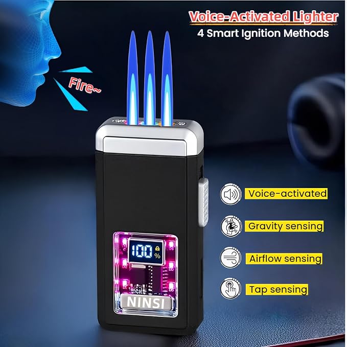Smart Butane Torch Lighter - 4 Ignition Modes, Refillable and Rechargeable Lighters, Windproof Triple Flames with LED Battery Level and Ignition Count Display (Without Fuel) (Silver)