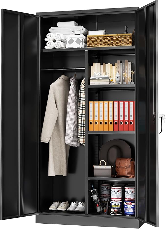 Greenvelly Metal Storage Cabinet with 2 Doors, Black 72” Steel Storage Wardrobe Cabinet, Employees Locker Closet Clothing Coat Steel Wardrobe Cabinet with Hanging Rod for Garage, Gym, Home Office