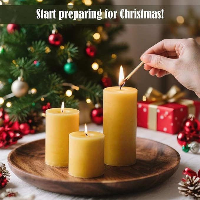 3 Pack Beeswax Candles - 3x3inchs Emergency Candles, Beeswax Pillar Candles 150 Hours Long Burning, Organic Unscented Dripless Smokeless Bees Wax Candle Bulk for Home Paryer Party (3x3in)