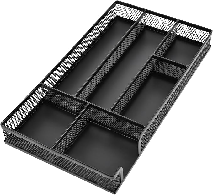 Desk Drawer Organizer, Office Metal Mesh Drawer Divider Organizer Tray with 6 Compartments, Pen Organizer for Desk Drawers Tray Desktop Accessories(COLOR:Black)