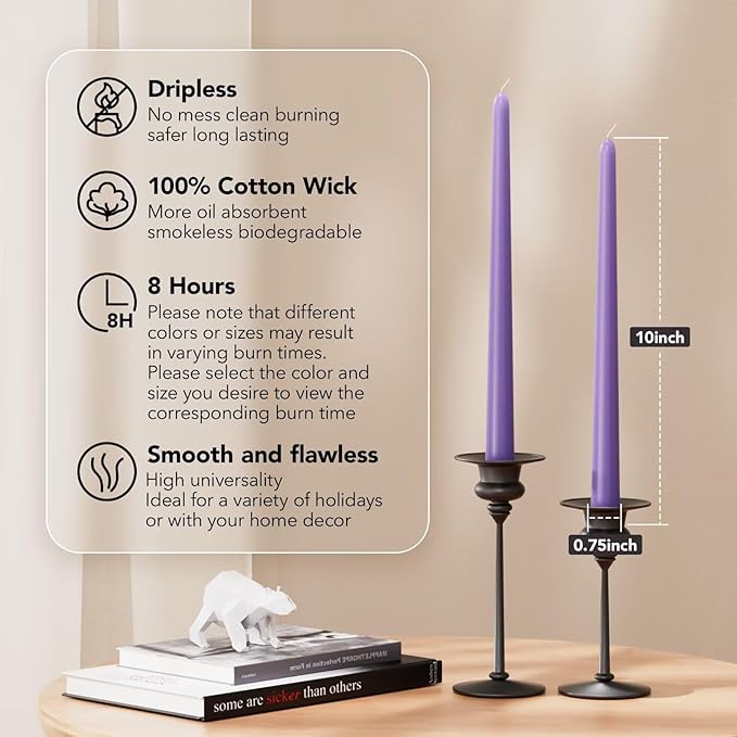 10-Inch Tall Dripless Taper Candles Set of 4 - Lavender Purple Tapered Candles, Perfect for Wedding,Christmas - Smokeless, Unscented, Long Burning - Hand Poured, Colored Tall Candlesticks
