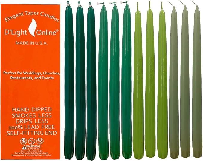 D'light Online Elegant 12" Green Gradient Taper Candles Premium Quality- Unscented, Hand-Dipped Tapered Candles, Dripless and Smokeless - Set of 12 (12 Inch, Green Gradient)