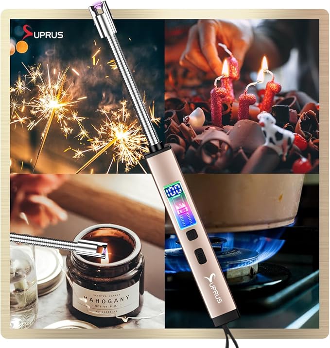 SUPRUS Electric Candle USB Type C Rechargeable 360° Flexible Neck Lighter with Upgraded LED Battery Display Safety Switch Flameless Plasma Windproof (Champagne Gold, 3Packs)