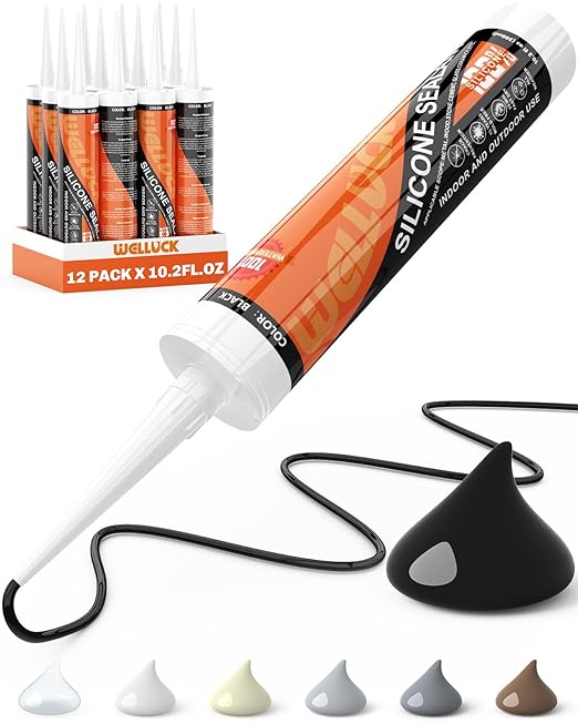 WELLUCK Black Silicone Caulk, 100% Waterproof Silicone Sealant Adhesive Caulking,for RV, Kitchen,Bathroom, Window, Door, Glass, Auto Leak Sealing 10.2FL.OZ/300ML（12 Pack）