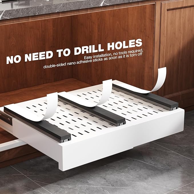 2 Pack Pull Out Cabinet Organizer Expandable Width(13"-21") and Depth(13"-17"),Slide Out Drawers With Raising Pad for Framed Cabinets,No Drill Roll Out Shelves for kitchen,Bathroom,White
