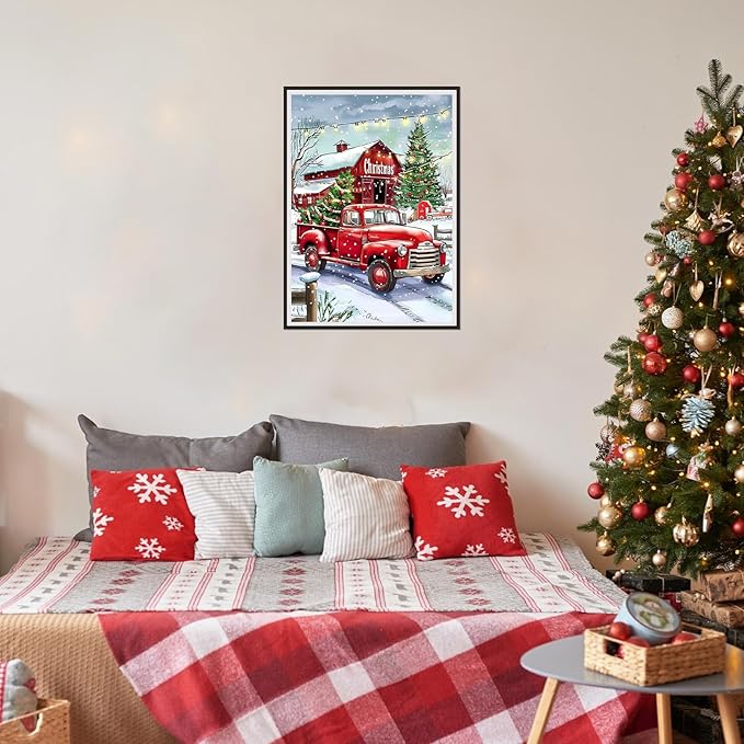 SENQAO Red Truck Diamond Art Kits for Adult, Christmas Diamond Painting Kits for Beginners, DIY Full Drill Winter Holdiay Rhinestone Diamond Dots Gem Painting Art Craft Home Decor 12 x16 Inch