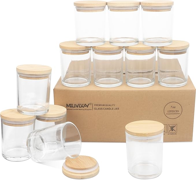 MILIVIXAY 12 Pack 7 OZ Clear Thick Glass Candle Jars with Lids - Bulk Empty Candle Jar for Making Candle - Spice, Powder Containers.