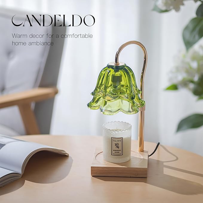Candeldo Candle Warmer Lamp with Timer: Green Flower Candle Warming Lamp with 2 Bulbs Height Adjustable Wax Warmer Dimmable Bedroom Decor Mothers Day Gift for Women