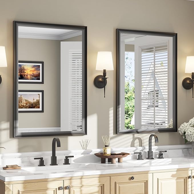 USHOWER 2 Pack Black Bathroom Mirrors for Over Sink 24x36 Inch, Metal Framed Rectangle Vanity Mirror for Wall, Bedroom, Living Room, Entryway, Anti-Rust, HD Tempered Glass, Horizontal/Vertical
