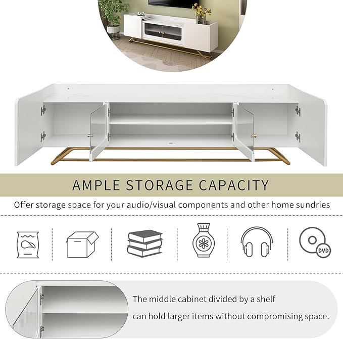 Modern Entertainment Center for TVs Up to 65”, Sleek Design TV Stand with Fluted Glass Doors and Gold Frame Base, Faux Marble Top TV Console Table for Bedroom,Living Room, 63.07 inch Length, White