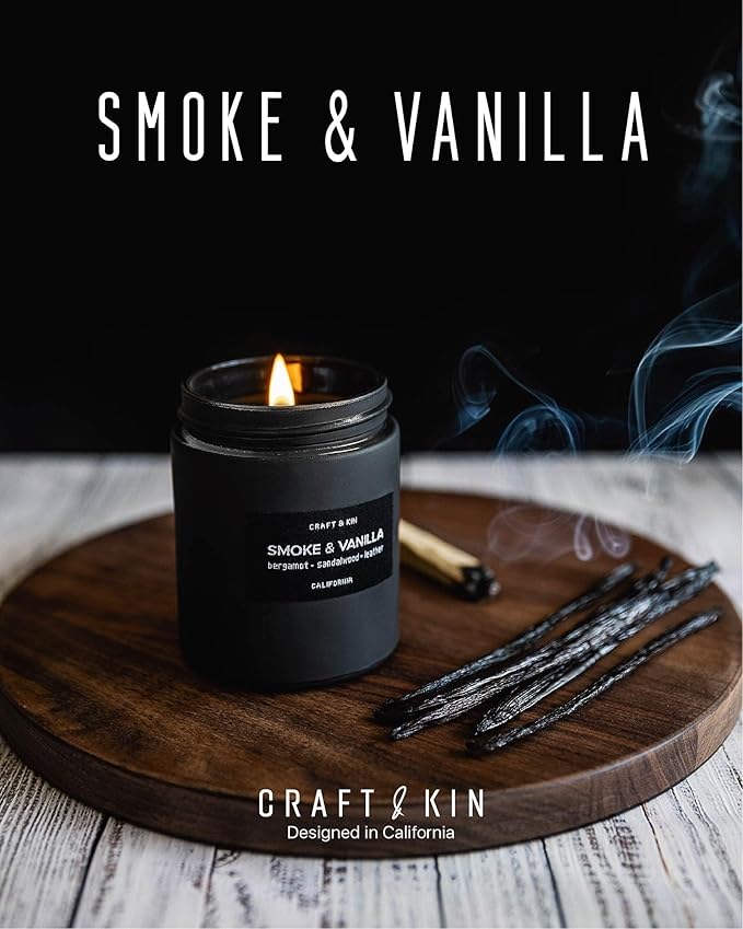 Craft & Kin Premium Smoke & Vanilla Candle | Black Scented Candles for Men | Long Lasting with 45 Hour Burn Time, 7.6oz | Soy Candle | Aromatherapy at Home | Gifts for Men