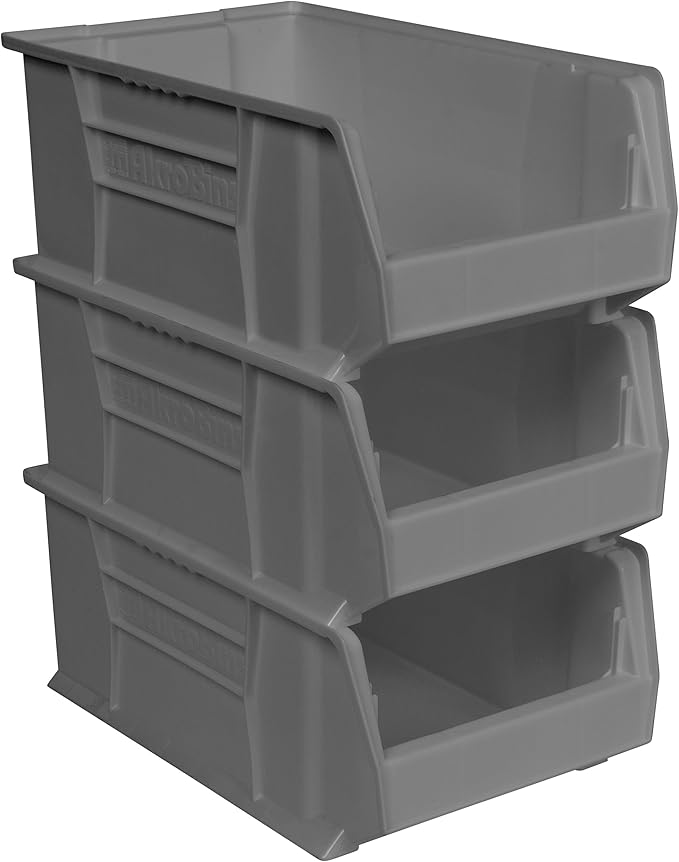 Akro-Mils 30281 Super-Size AkroBins Plastic Storage Bins, Space-Saving Stackable Bins for Garage, Classroom, Warehouse Organization, 20" L x 12" W x 8" H, Grey, 3-Pack