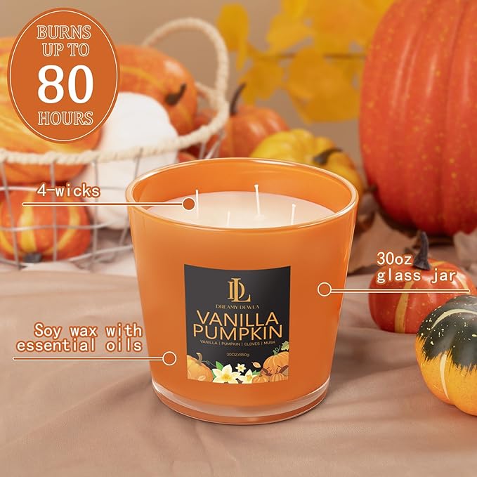 Large Candle Vanilla Pumpkin Scented, 4 Wick Natural Soy Candles for Home Scented, 30oz Big Candle Long Lasting, Home Aromatherapy Candles Housewarming Gift for Women Men