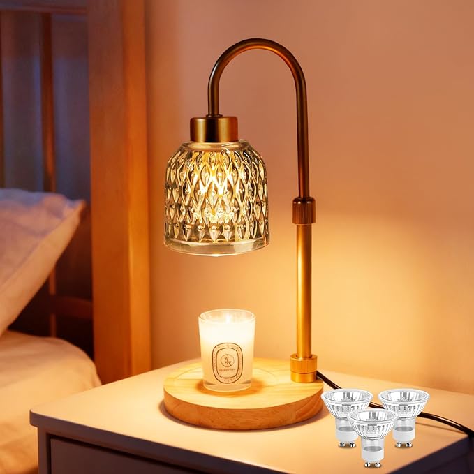 Candle Warmer Lamp with Timer, 3 Bulbs, Adjustable Height, 2/4/8H Auto Shut-Off for Home Office Décor, Ideal Gift (Amber)