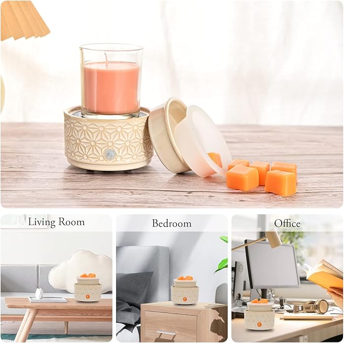 ASAWASA Candle Wax Melt Warmer with 1 pc Silicone Liner,Ceramic Wax Warmer,3-in-1 Candle Wax Melter and Fragrance Warmer for Warming(White Hexagon Pattern)