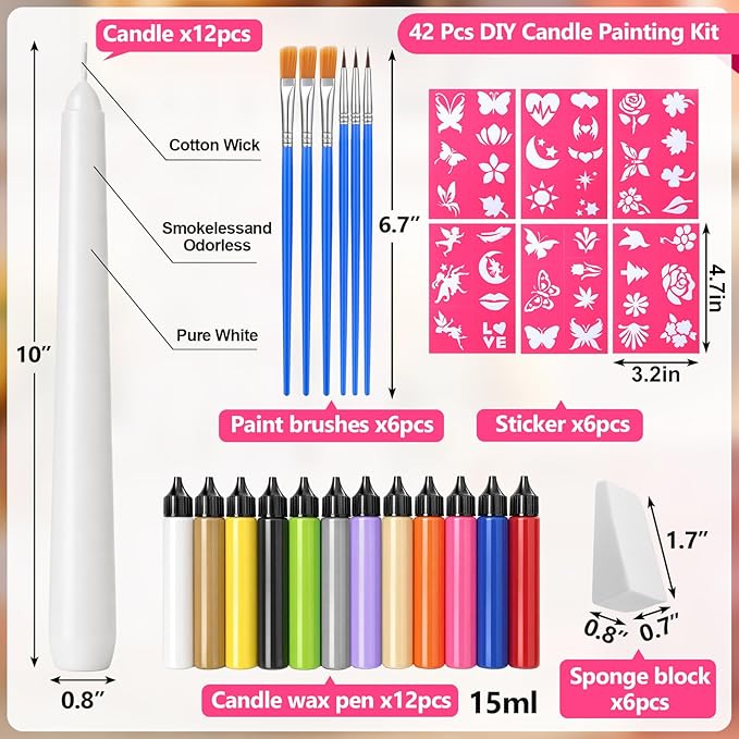 Treela 42 Pcs DIY Candle Painting Kit Include 12 White Taper Candles 12 Vibrant Colors Candle Wax Pen 6 Floral Painting Stencils 6 Paint Brushes 6 Sponge Block for Craft Birthday Wedding Holiday Party