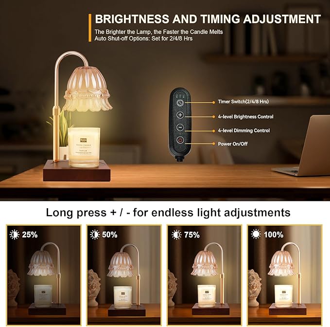 TOACSUCP Candle Warmer Lamp with 3 Bulbs, Adjustable Height Dimmable Candle Warmer with Timer, Compatible with Large Jar Candles, Flower Candle Warmer with Charming Gift Box Ribbon(Light Brown)