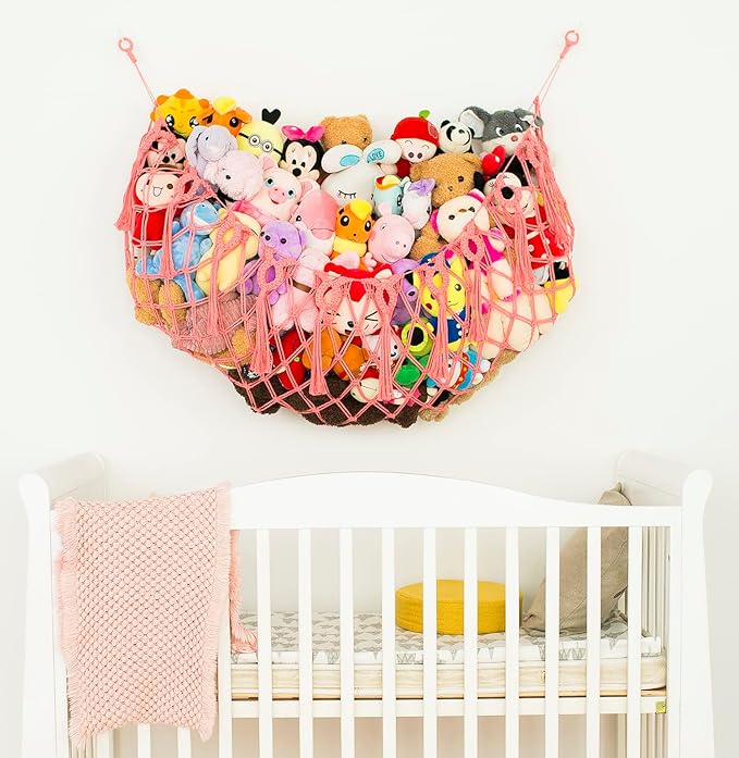 Large Stuffed Animal Net or Hammock for Flat Wall Mounted Handmade Macrame Toy Hammock Plush Display (Pink)