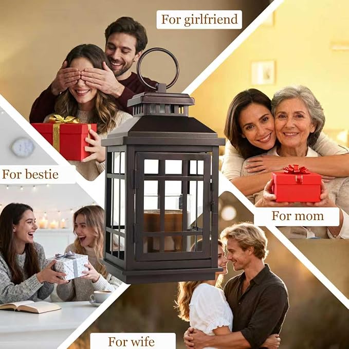 Candle Warmer Lamp with Timer, Farmhouse Enclosed Lantern Style for Jar Candles Under 4" in Diameter, Dimmable Auto Shut-Off Flameless Lamp, Housewarming Gift with 2 Bulbs (Coffee Gold & Black)