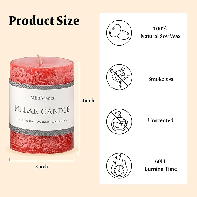 3x4 Inch Bright Red Pillar Candles Set of 3 - Hand-Poured Unscented Candles, Long Clean Burning, Large Big Candle, Smokeless Dripless Candle for Dinner Table, Wedding, Home, Rustic Decor
