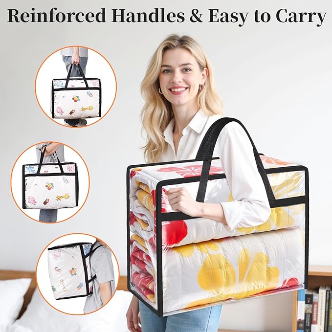 SpaceTrove Clear Clothes Storage Bags, 6 Pack Closet Organizers and Under Bed Storage Containers, Foldable Moving Bags with Zippers for Comforter, Blanket, Bedding, Duvet, PVC Packing Bags 90L